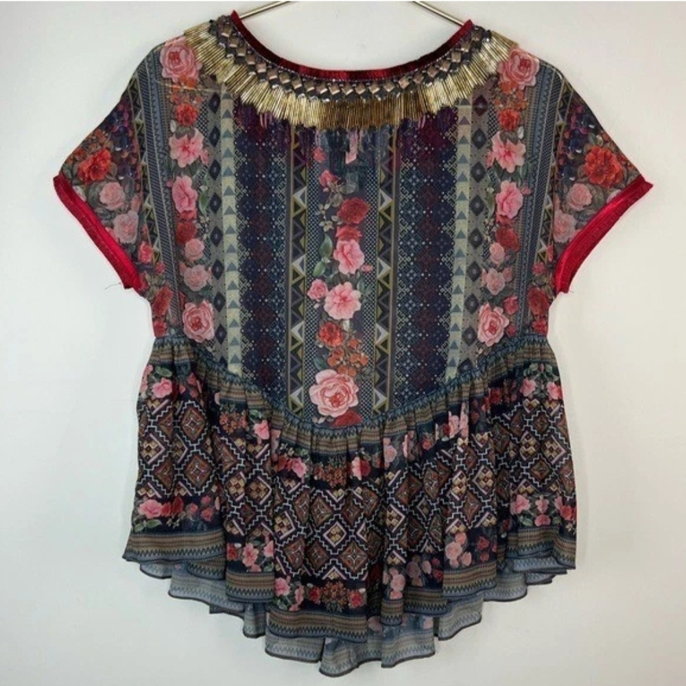Anthropologie Burgundy Floral Mixed-Print Short-Sleeve Blouse - Picture 7 of 7